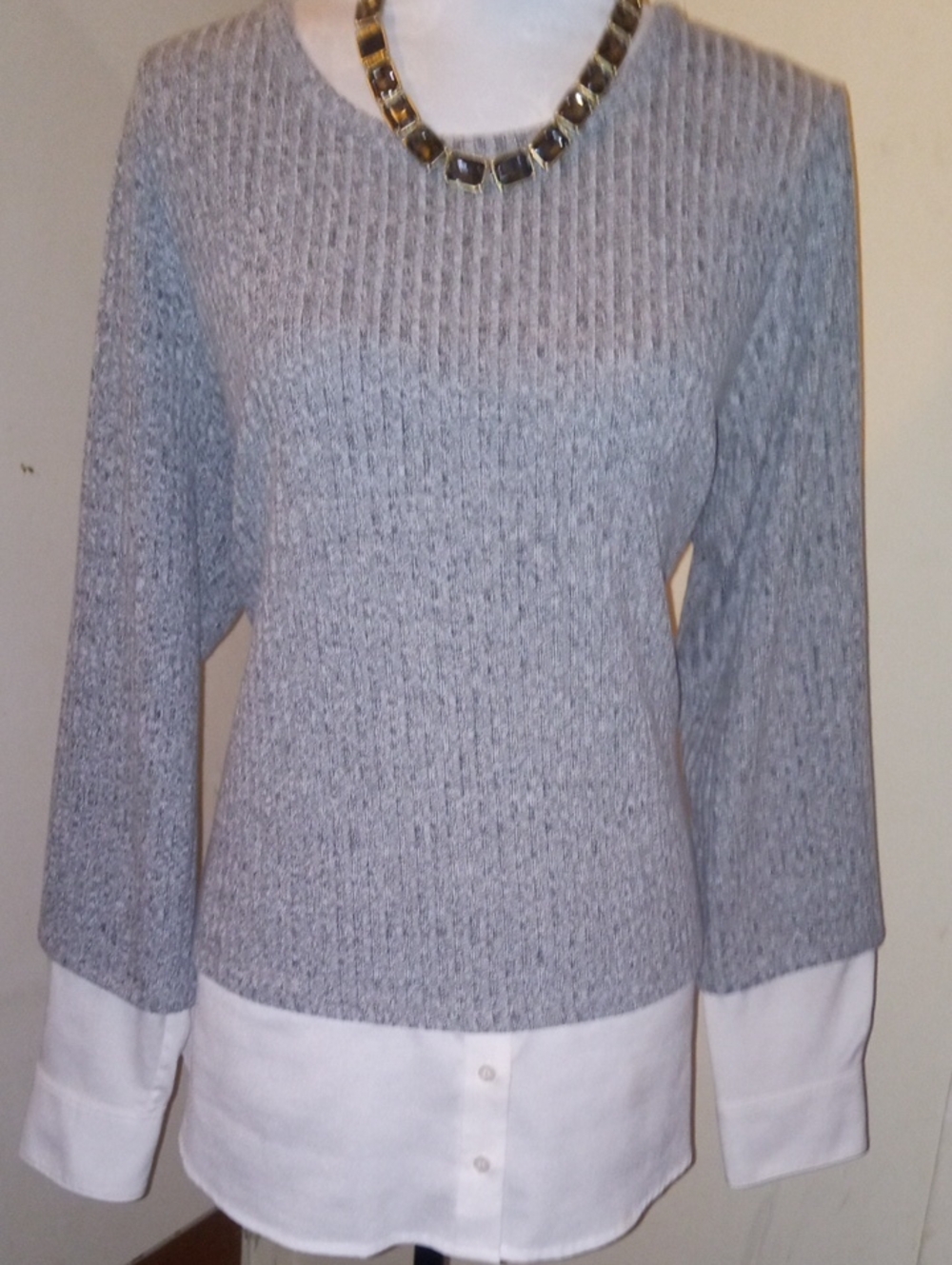 Calvin Klein Gray Knit Crewneck Sweater with White Shirt Hem